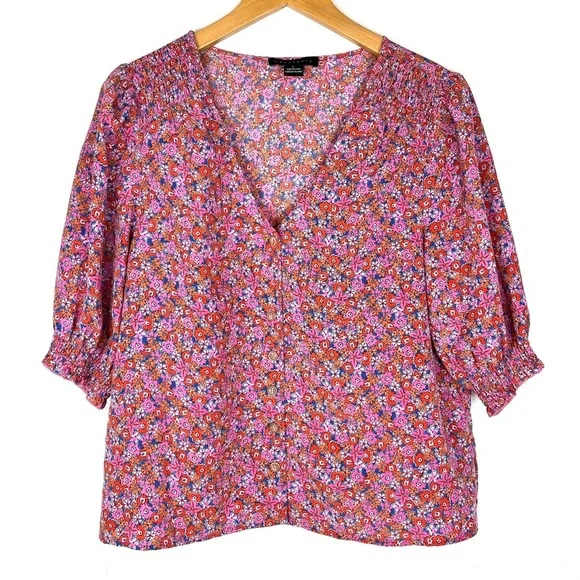 Sanctuary It’s A Must Smocked Puff Sleeve Blouse Pink Meadow Ditsy Floral Large - Picture 3 of 7